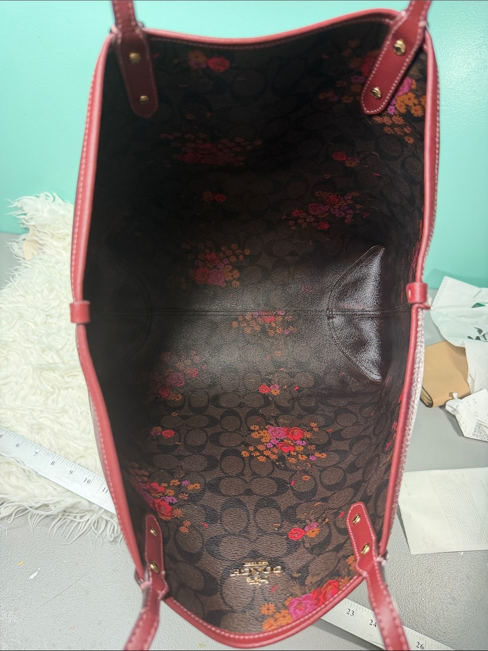 Coach Large Wine Red Leather Tote with Floral Lining - Picture 6 of 15